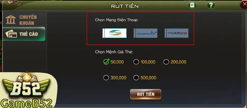 Rút tiền B52 CLUB qua thẻ cào